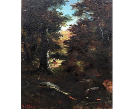 DIAZ DE LA PENA, NARCISSE VIRGILEBordeaux 1807 - 1876 Menton Auf einer Waldlichtung sitzende Frau. Öl/Holz, signiert. 22x18,5
