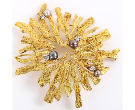 A 1970s black pearl and diamond abstract pendant/brooch, unmarked gold textured settings probably 18ct, set with whole black 