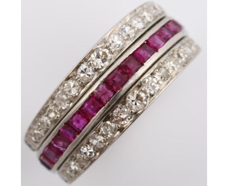 An early 20th century 'Night and Day' ring, set with calibre-cut rubies and sapphires and rotating bands set with single-cut 