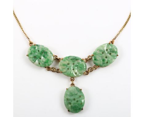 A Chinese 9ct gold jade panel necklace, on 9ct fine flat curb link chain, panel length 16.5mm, necklace length 44cm, 8.3gNo d