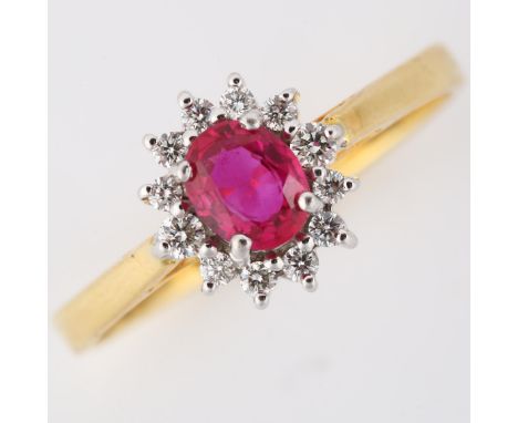 A modern 18ct gold ruby and diamond cluster ring, set with oval mixed-cut ruby and modern round brilliant-cut diamonds, total