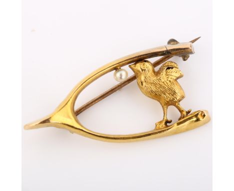 A 19th century 15ct gold pearl figural chick and wishbone brooch, indistinct maker's marks, hallmarks Chester 1895, brooch le