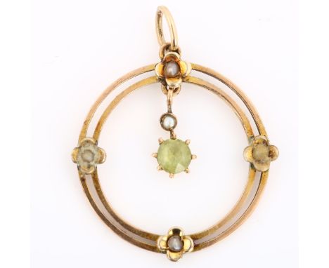 An Edwardian 9ct rose gold peridot and pearl openwork pendant, pendant height 32mm, 2.3g2 pearls are heavily worn otherwise n