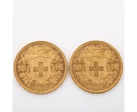 2 Switzerland 20 francs gold coins, both 1930, 12.9g total (2)Light surface abrasions and light wear to high points 
