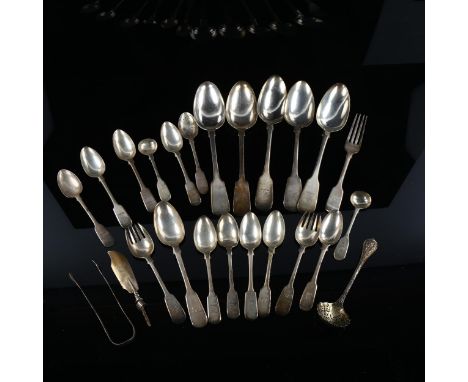 Various silver cutlery and flatware, including Fiddle pattern tablespoons, sifter spoon, sugar tongs etc, 28oz totalLot sold 