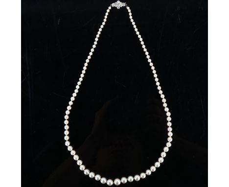 A single-strand cultured pearl necklace, the 93 graduated cultured pearls measuring 3.3mm to 8.3mm, to a lobed old-cut diamon