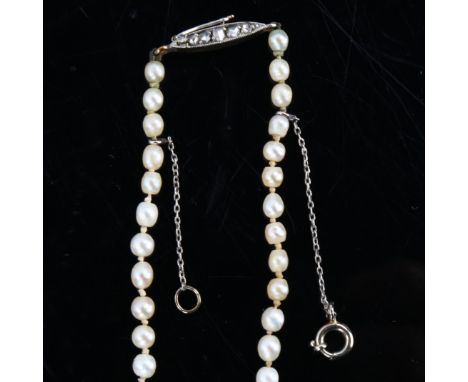 A single-strand graduated pearl necklace, with 18ct gold rose-cut diamond set clasp, pearls measure 3.5mm to 6.1mm, necklace 