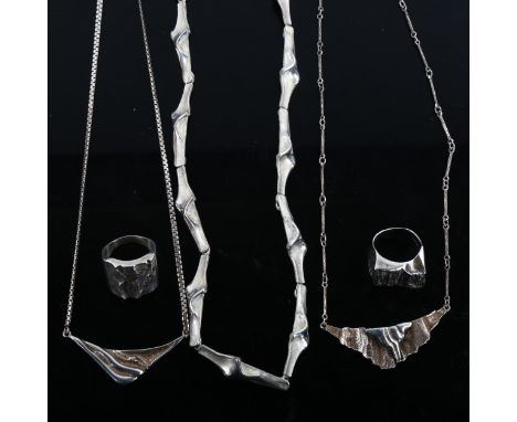 Various Danish stylised silver fold jewellery, including necklaces and rings, makers include Toftegard Jensen and Gifa, 73.4g