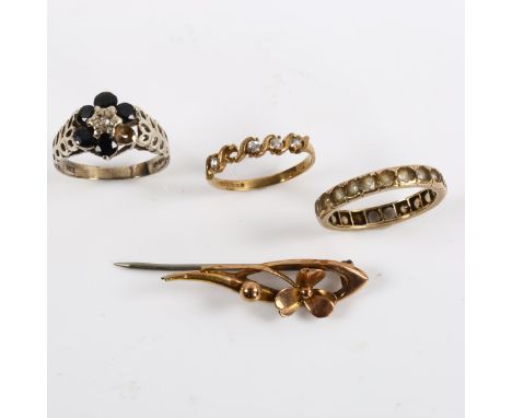 Various gold jewellery, comprising 2 x 9ct rings, 4g, 9ct brooch, 1.4g, and unmarked eternity ring, 2gLot sold as seen unless