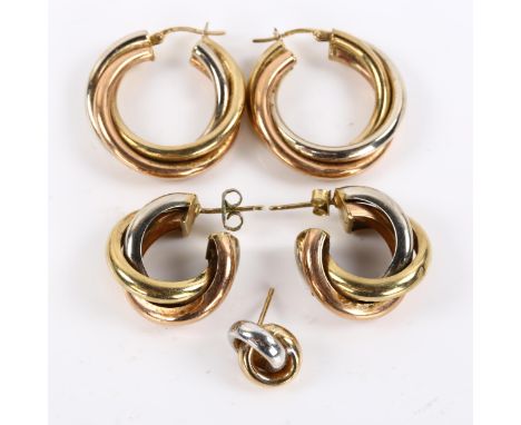 2 pairs of 9ct three-colour gold hoop earrings, and another single earring, 13.4g totalLot sold as seen unless specific item(