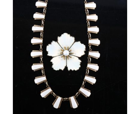 VOLMER BAHNER - a Danish Art Deco style vermeil sterling silver and white enamel fringe necklace and pansy brooch, necklace l