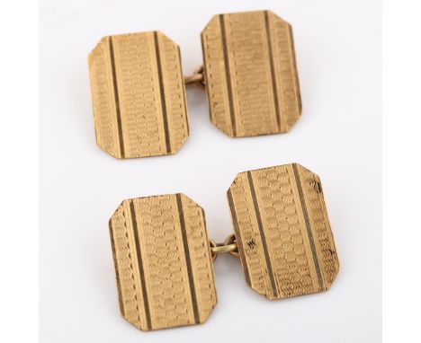 A pair of Art Deco 9ct rose gold octagonal cufflinks, engine turned decoration, panel length 16mm, 3.8gNo damage or repairs, 