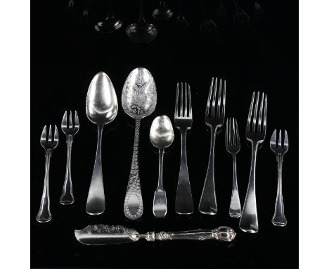 Various silver cutlery, including George III bird spoon, Dutch silver spoon and fork, and set of 3 Christofle plated forks, 1