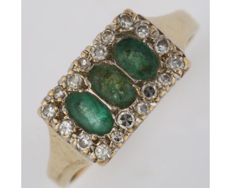 A late 20th century 9ct gold emerald and diamond cluster ring, set with oval mixed-cut emerald and single-cut diamonds, hallm