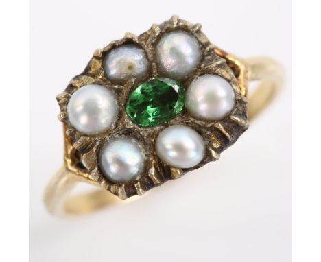 An Antique green stone and pearl cluster memorial ring, unmarked yellow metal closed-back settings, setting height 10.8mm, si