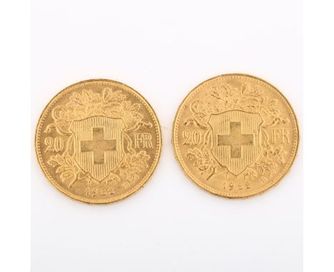 2 Switzerland 20 francs gold coins, both 1922, 12.9g total (2)Light surface abrasions and light wear to high points 