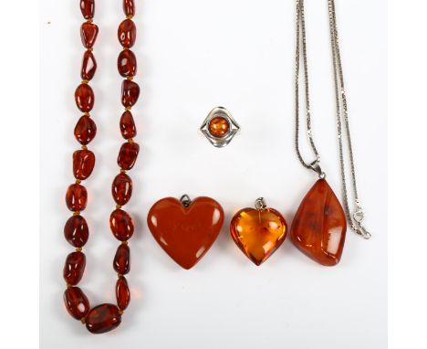 Various Scandinavian silver and amber jewellery, including heart pendants, necklace, ring etc, 51.5g grossLot sold as seen un