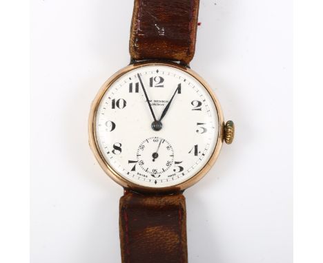 J W BENSON - an early 20th century 9ct gold Officer's mechanical wristwatch, white enamel dial with Arabic numerals, subsidia