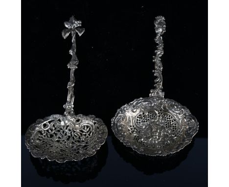 2 Continental silver strainer spoons, with import hallmarks, largest length 20cm, 4.3oz total (2)No damage or repairs, only l