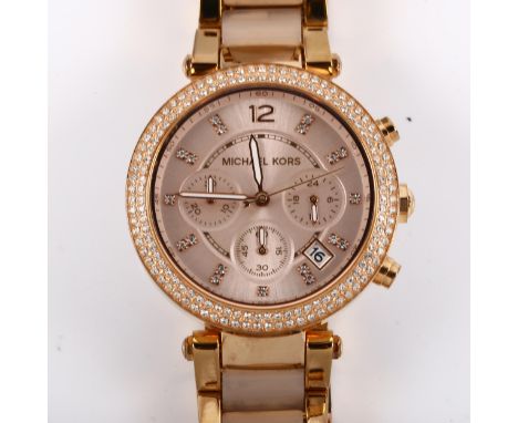 MICHAEL KORS - a lady's rose gold plated stainless steel quartz chronograph bracelet watch, ref. MK-5896, rose dial with cubi