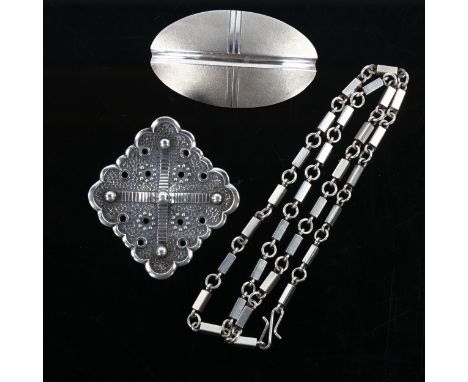 Various Scandinavian silver jewellery, comprising 2 Koru Finnish brooches, and Arne Johansen necklace, length 44cm, 59.7g tot
