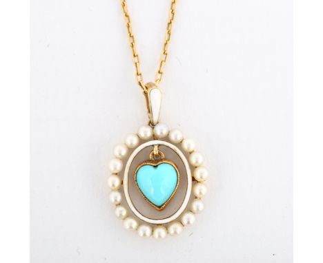 An Edwardian turquoise and pearl heart openwork pendant necklace, unmarked gold settings with white enamel surround and bale,
