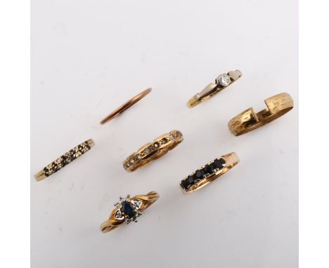 Various gold rings, comprising 18ct diamond solitaire, 1.6g, 14ct sapphire ring, 2.3g, 4 x 9ct rings, 7.6g, and unmarked wedd