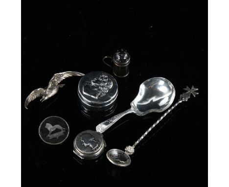 Various silver, including shovel caddy spoon, unmarked seagull brooch, miniature pepperette etcLot sold as seen unless specif