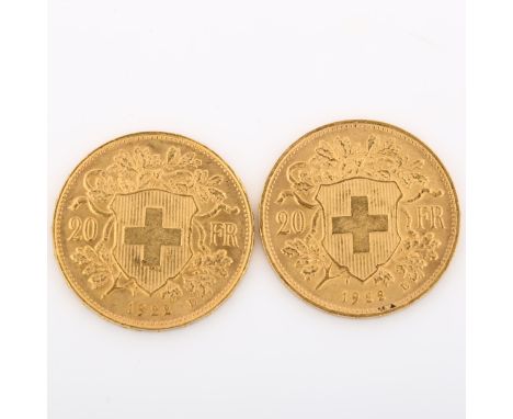 2 Switzerland 20 francs gold coins, both 1922, 12.9g total (2)Light surface abrasions and some wear to high points 
