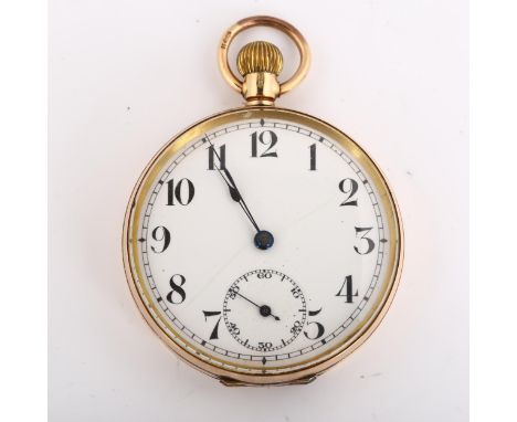 An early 20th century 9ct gold open-face keyless pocket watch, white enamel dial with Arabic numerals, blued steel hands and 