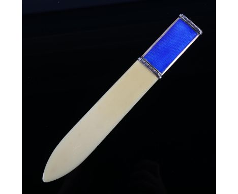 A Scandinavian silver and blue enamel paper knife, with ivorine blade, overall length 19.5cmEnamel has a few minor surface ab