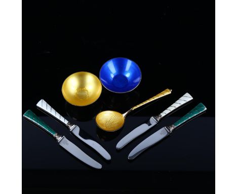 Various Danish silver and enamel items, including pair of salts, preserve spoon, caviar knives etc, makers include Anton Mich