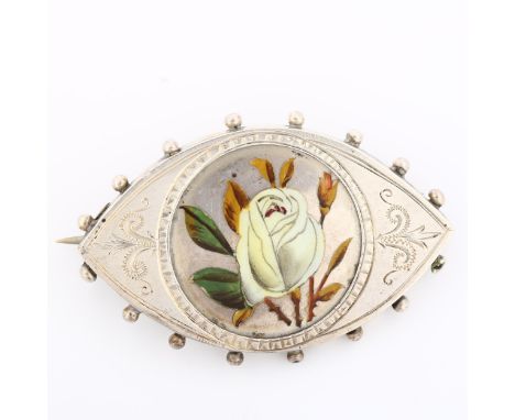 A Victorian hand painted enamel rose brooch, unmarked silver settings with bead edge decoration, brooch length 40.5mm, 6.3gNo