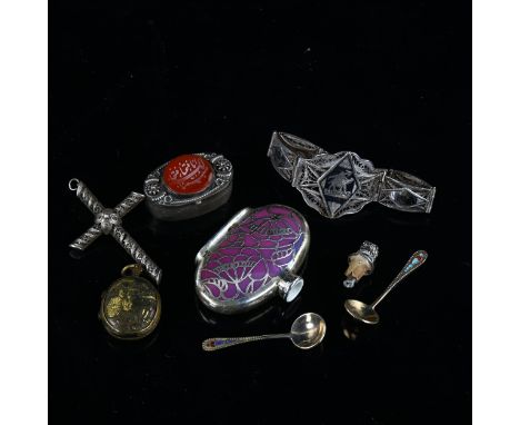 Various silver and collectables, including niello bracelet, filigree cross, pair of Russian salt spoons etcLot sold as seen u