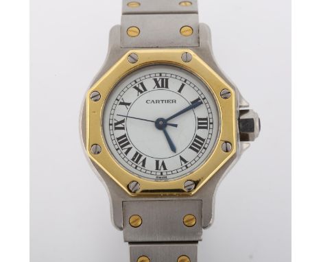 CARTIER - a lady's bi-metal Santos Octagon automatic bracelet watch, white dial with Roman numeral hour markers, blued steel 