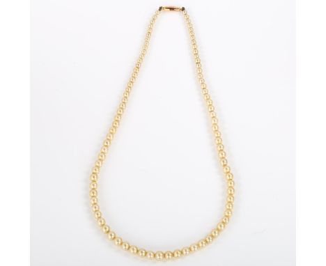 A single-strand graduated pearl necklace, with 9ct rose gold barrel clasp, pearls ranging from 3.2mm to 5.6mm, necklace lengt