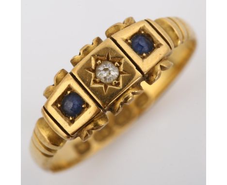 A 19th century 18ct gold three stone sapphire and diamond dress ring, set with old-cut diamond and sapphires, hallmarks Birmi