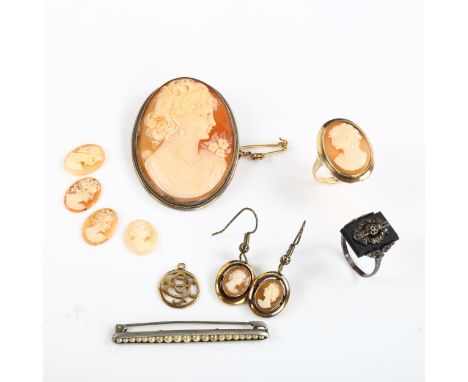 Various jewellery, including 9ct gold cameo ring and earrings, 10.3g gross, pearl brooch etcLot sold as seen unless specific 