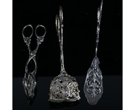 3 pairs of Scandinavian silver pastry tongs, largest length 17cm, 4oz total (3 pairs)No damage or repairs, only light surface