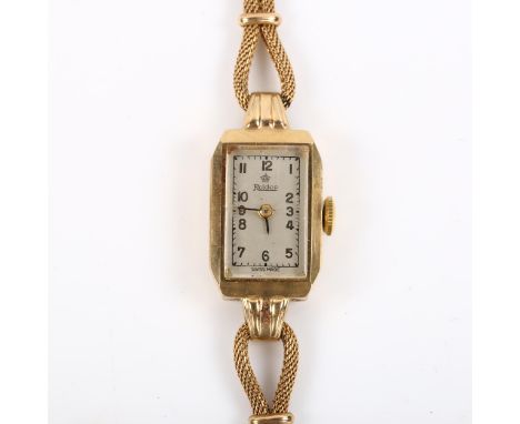 ROIDOR - a lady's 9ct gold mechanical bracelet watch, silvered dial with Arabic numerals and 9ct mesh bracelet, 17 jewel move