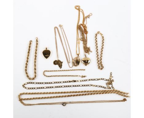 Various gold jewellery, including rope twist chain necklaces, bracelets, locket pendants etc, mostly all 9ct except 18ct Afri