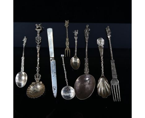 Various English and Continental silver flatware, including American floral spoon, mother-of-pearl handled knife etc, 7.6oz gr