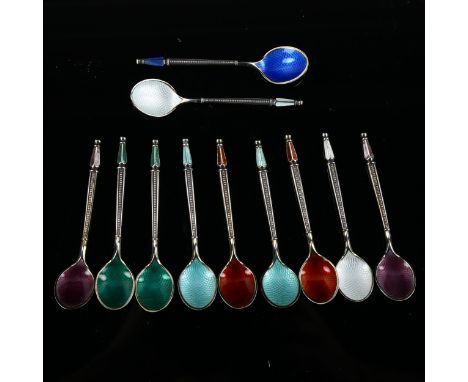 ANTON MICHELSEN - a set of 11 Danish vermeil sterling silver and harlequin enamel coffee spoons, with enamel bowls and backs,