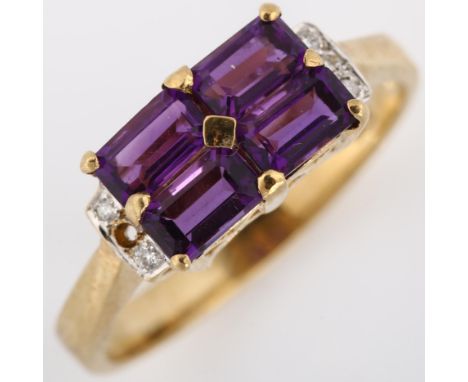 A modern 9ct gold amethyst and diamond dress ring, set with rectangular step-cut amethysts and modern round brilliant-cut dia