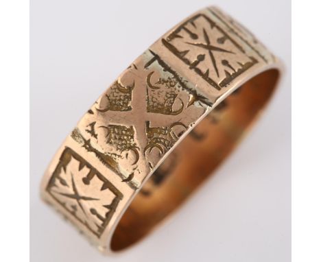 A 19th century 9ct rose gold wedding band ring, with allover engraved decoration, indistinct maker's marks, hallmarks Birming