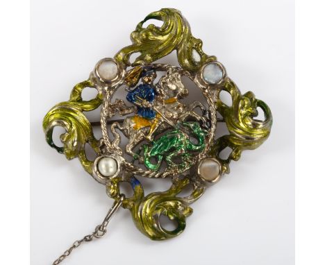 An Austro-Hungarian blister pearl and enamel St George and the Dragon brooch, unmarked silver settings, brooch height 54.5mm,