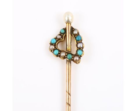 A Victorian turquoise and pearl heart stickpin, unmarked gold settings, overall length 55.2mm, 1gNo damage or repairs, all st