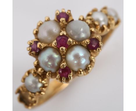 A 14ct gold ruby and pearl dress ring, setting height 11.1mm, size J, 3.2gNo damage, 1 stone missing, 1 join mark on back of 