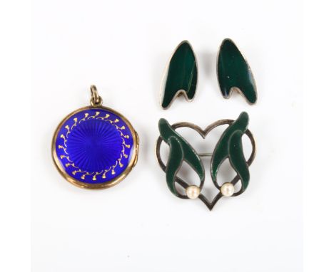 Various Danish silver and enamel jewellery, including Anton Michelsen heart brooch, photo locket etc, brooch width 29.8mm, 22