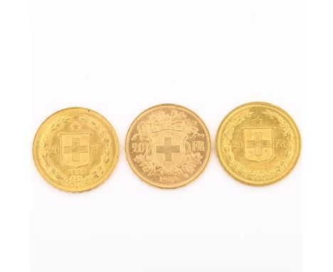 3 Switzerland 20 francs gold coins, comprising 1883, 1896 and 1902, 19.3g total (3)All have light surface abrasions and some 